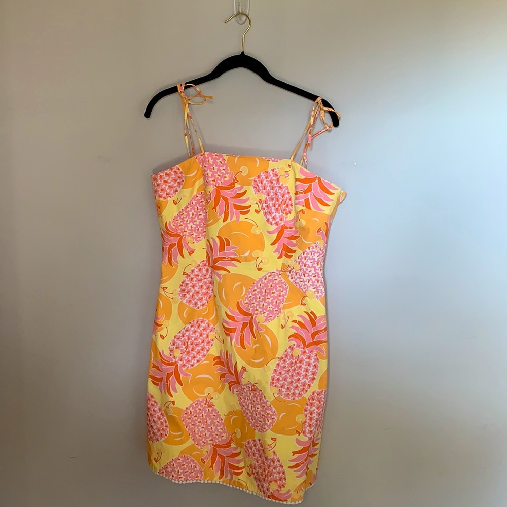 Lilly Pulitzer size 8 shoulder tie dress with pineapple and cherry design.